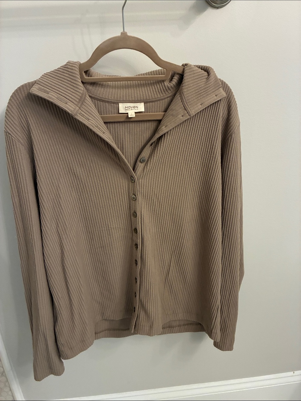 Haven Ribbed Button-Front Hooded Cardigan — Taupe
